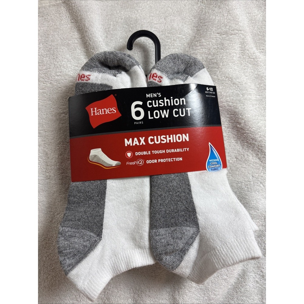 NWT Hanes Mens Max Cushion Low Cut Socks 6 Pairs White Gray Size 6-12 Athletic
